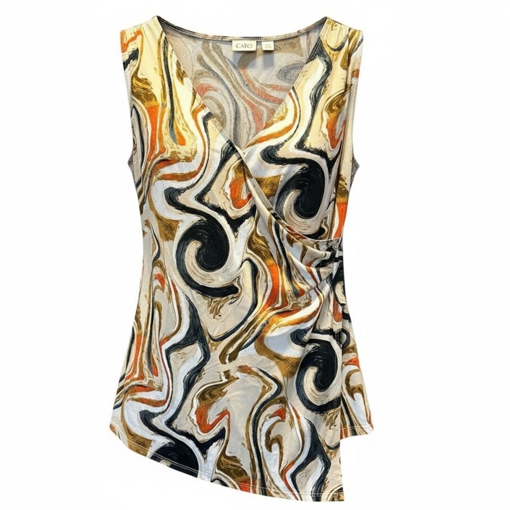 EUC Cato Women’s Gold/Black/Tan Swirl Pattern Faux Wrap Sleeveless Top Blouse XL - Picture 2 of 7